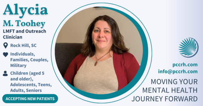 Alycia M. Toohey, LMFT, Therapist and Outreach Clinician at therapist at Palmetto Counseling & Consulting in Rock Hill SC. Alycia M. Toohey, LMFT, Therapist and Outreach Clinician at Palmetto Counseling & Consulting in Rock Hill SC.