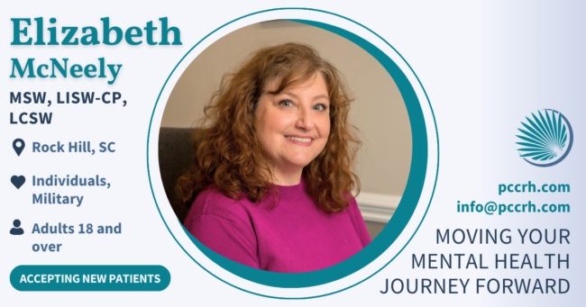 Elizabeth McNeely, MSW, LISW-CP, LCSW, a therapist at Palmetto Counseling & Consulting in Rock Hill, SC. Elizabeth McNeely, MSW, LISW-CP, LCSW, a therapist at Palmetto Counseling & Consulting in Rock Hill, SC.