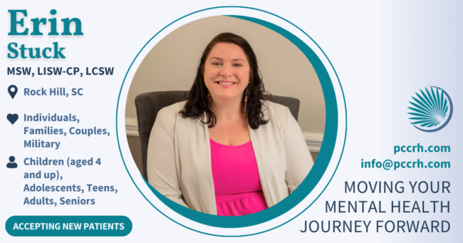 Erin Stuck, MS, LPC, a therapist at Palmetto Counseling & Consulting in Rock Hill, SC. Erin Stuck, MS, LPC, a therapist at Palmetto Counseling & Consulting in Rock Hill, SC.