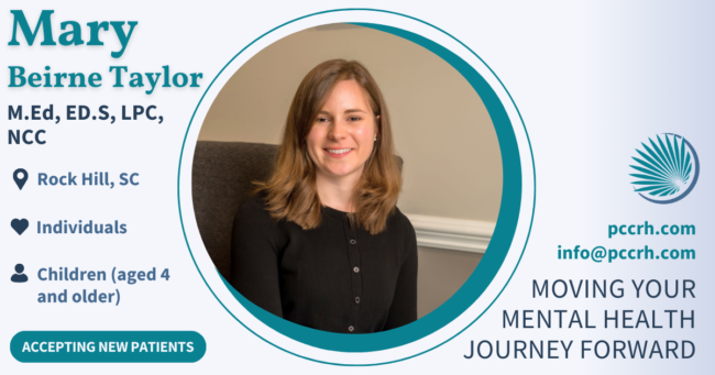Mary Beirne Taylor, M.Ed, ED.S, LPC, NCC, a therapist at Palmetto Counseling & Consulting in Rock Hill, SC. Mary Beirne Taylor, M.Ed, ED.S, LPC, NCC, a therapist at Palmetto Counseling & Consulting in Rock Hill, SC.